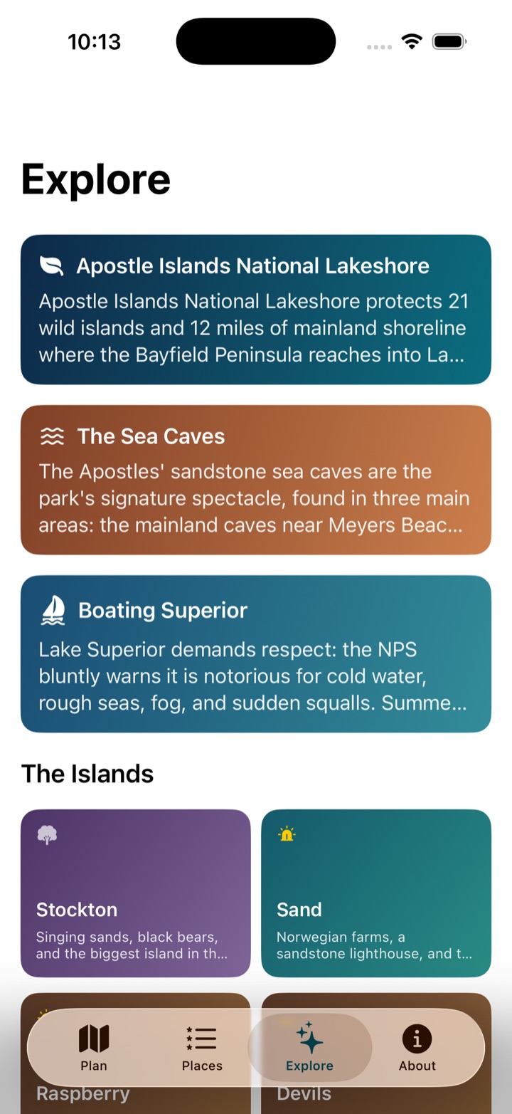 Explore tab: island stories and park lore