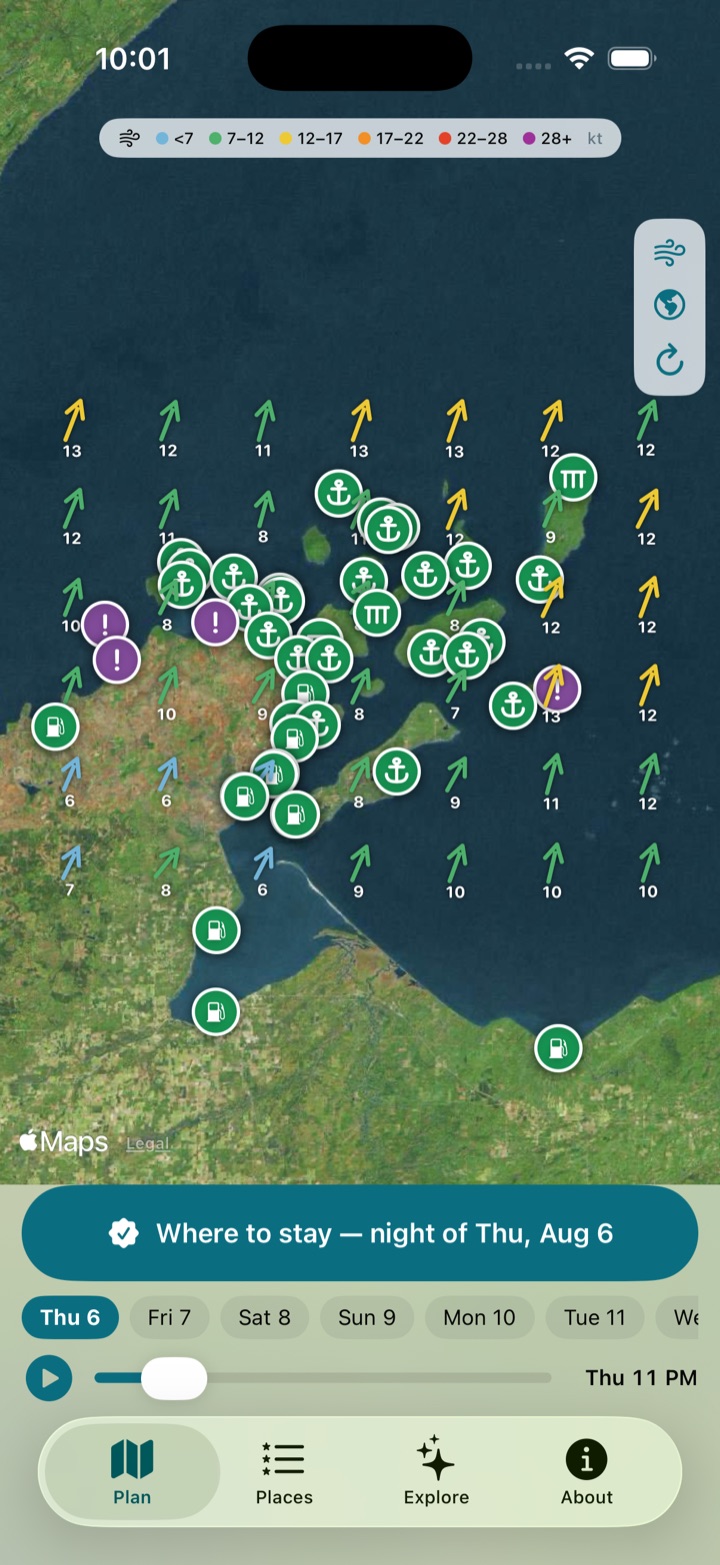 The planning map: wind-field arrows over the Apostle Islands with rated anchorage pins
