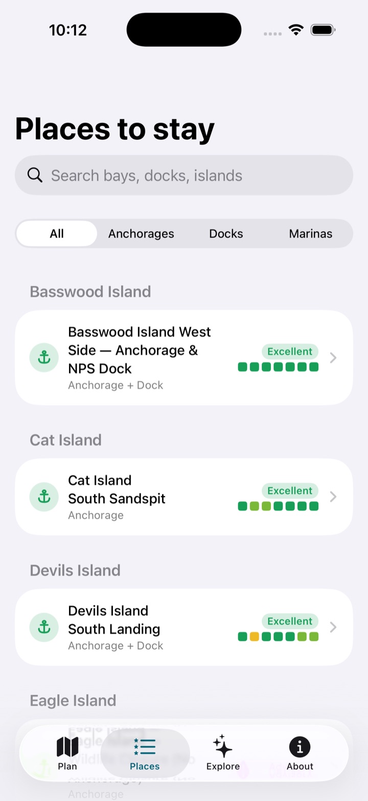 Places tab: searchable catalog with per-night ratings